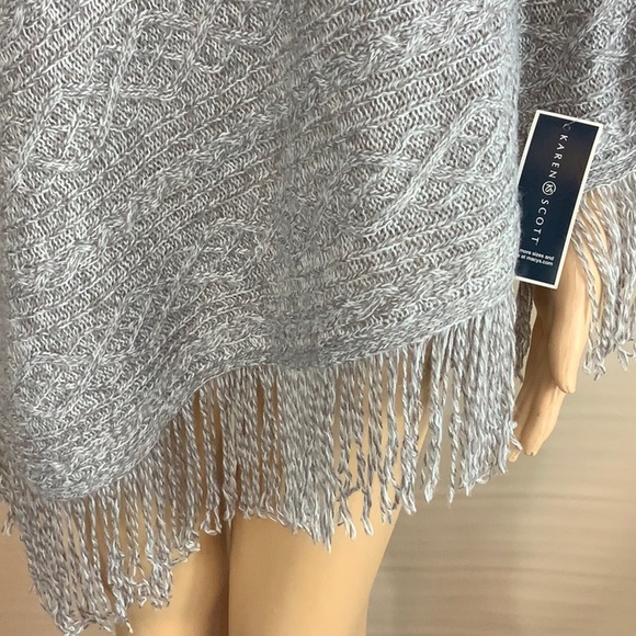 Poncho Shawl Collar Fringe Button Neck - Picture 3 of 5